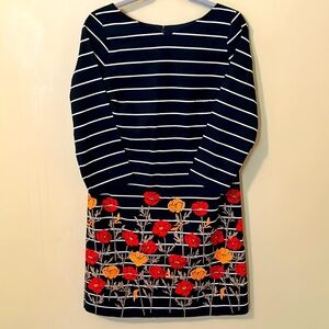 Lands’ End Black White Striped Red Embroidered Marigold Floral 3/4 Sleeve Dress